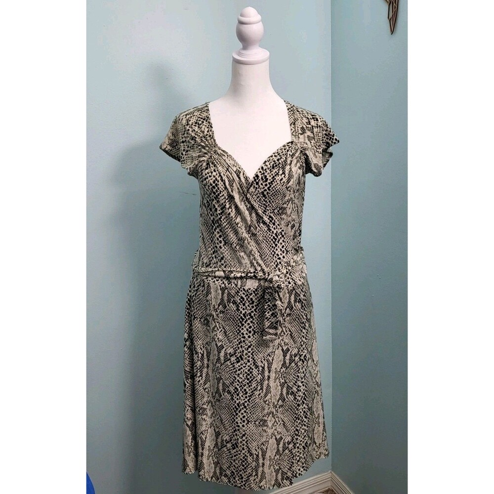 NORMA KAMALI Wrap Dress Womens L Stretch Cap Sleeve Beige Black Snakeskin Print